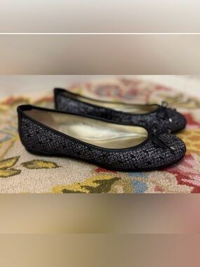 JIMMY CHOO Walsh Black Sequin & Metallic Glitter W/ Delicate Bow Ballerina Flats